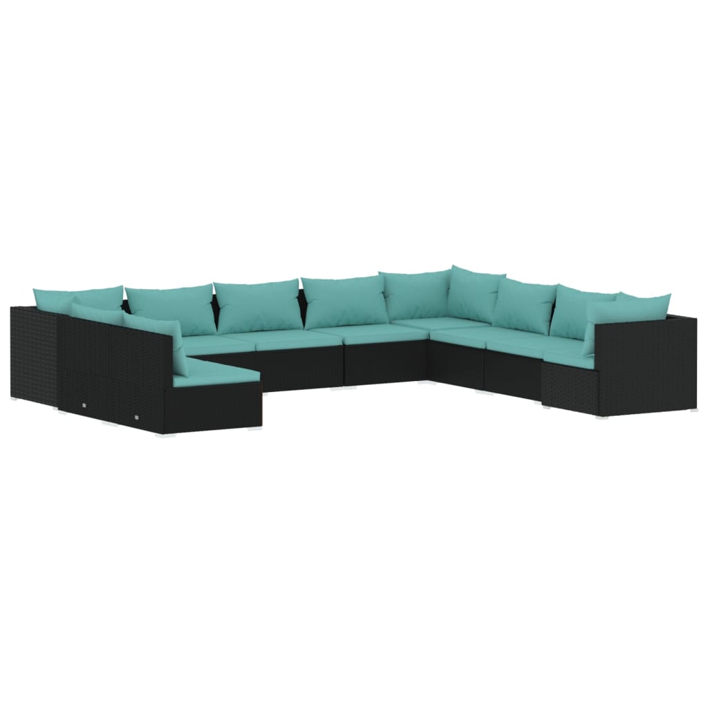 10-delige Loungeset met kussens poly rattan zwart