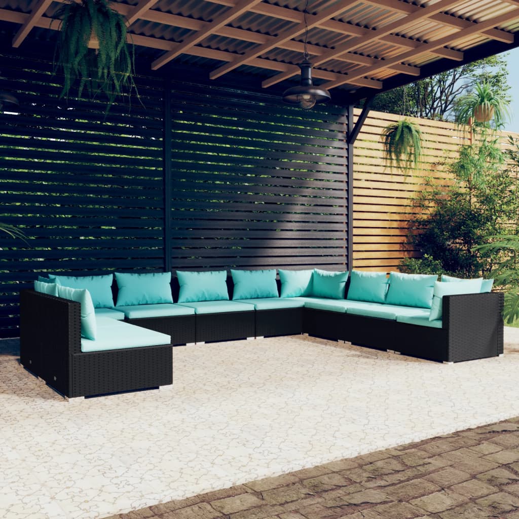10-delige Loungeset met kussens poly rattan zwart