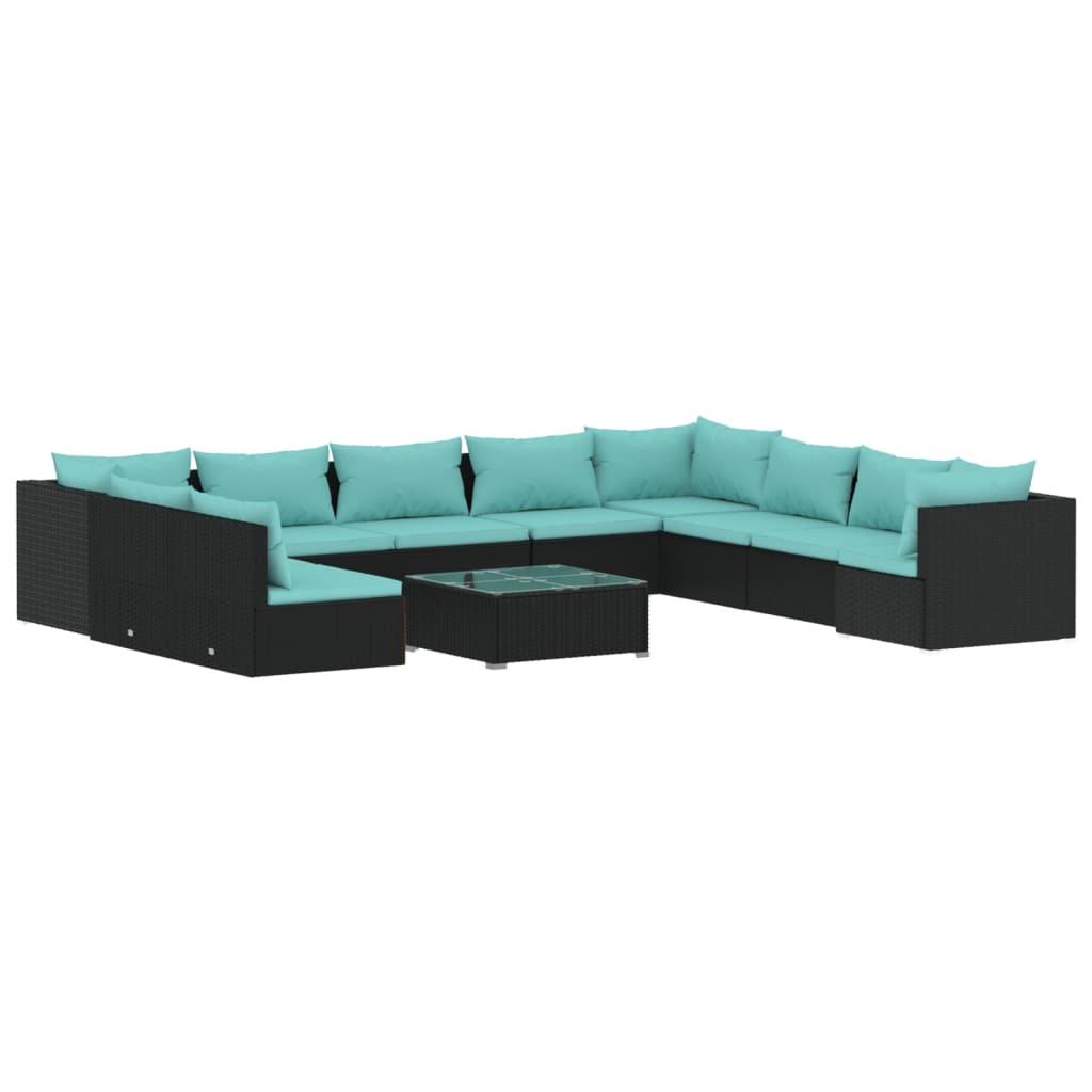 11-delige Loungeset met kussens poly rattan zwart