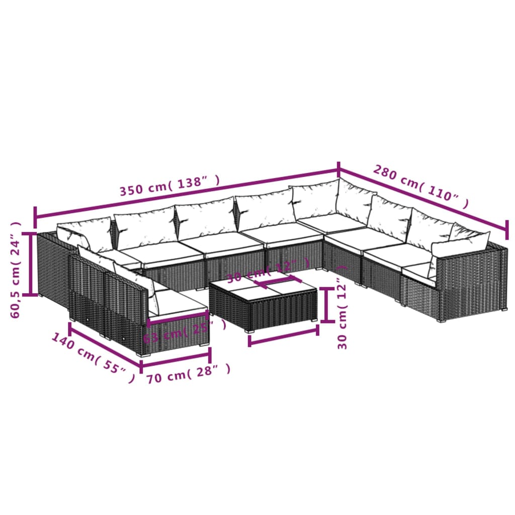 11-delige Loungeset met kussens poly rattan zwart