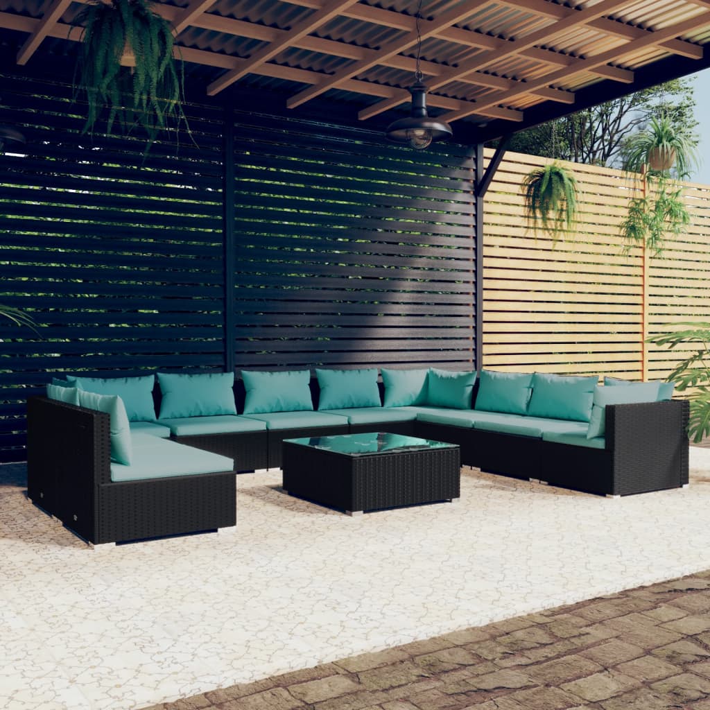 11-delige Loungeset met kussens poly rattan zwart