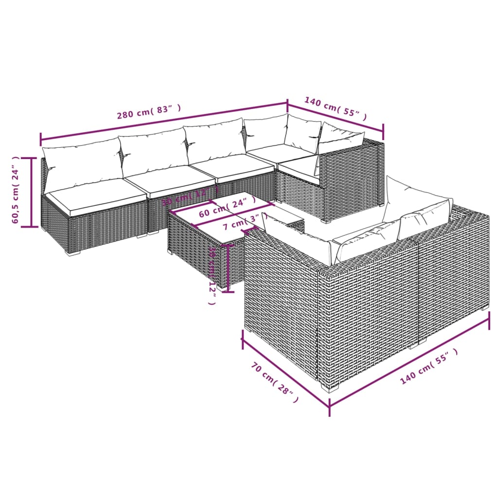 8-delige Loungeset met kussens poly rattan grijs is nu te koop bij PeponiXL, paradijselijk wonen!