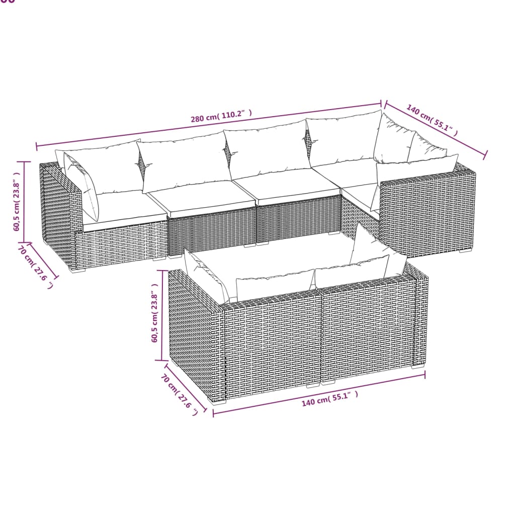 7-delige Loungeset met kussens poly rattan bruin