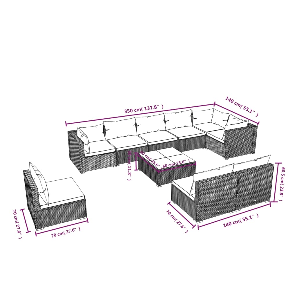 10-delige Loungeset met kussens poly rattan grijs is nu te koop bij PeponiXL, paradijselijk wonen!