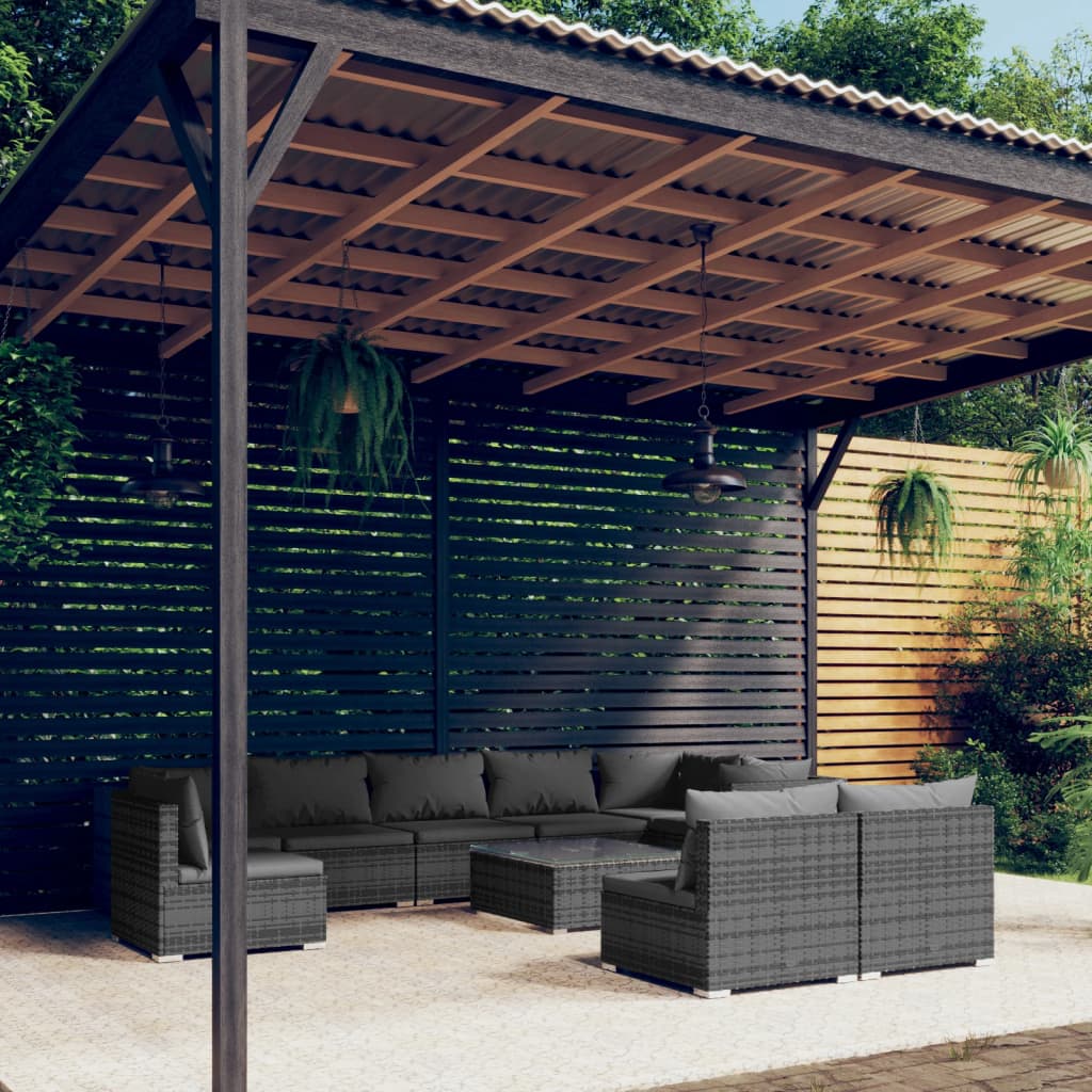 10-delige Loungeset met kussens poly rattan grijs is nu te koop bij PeponiXL, paradijselijk wonen!