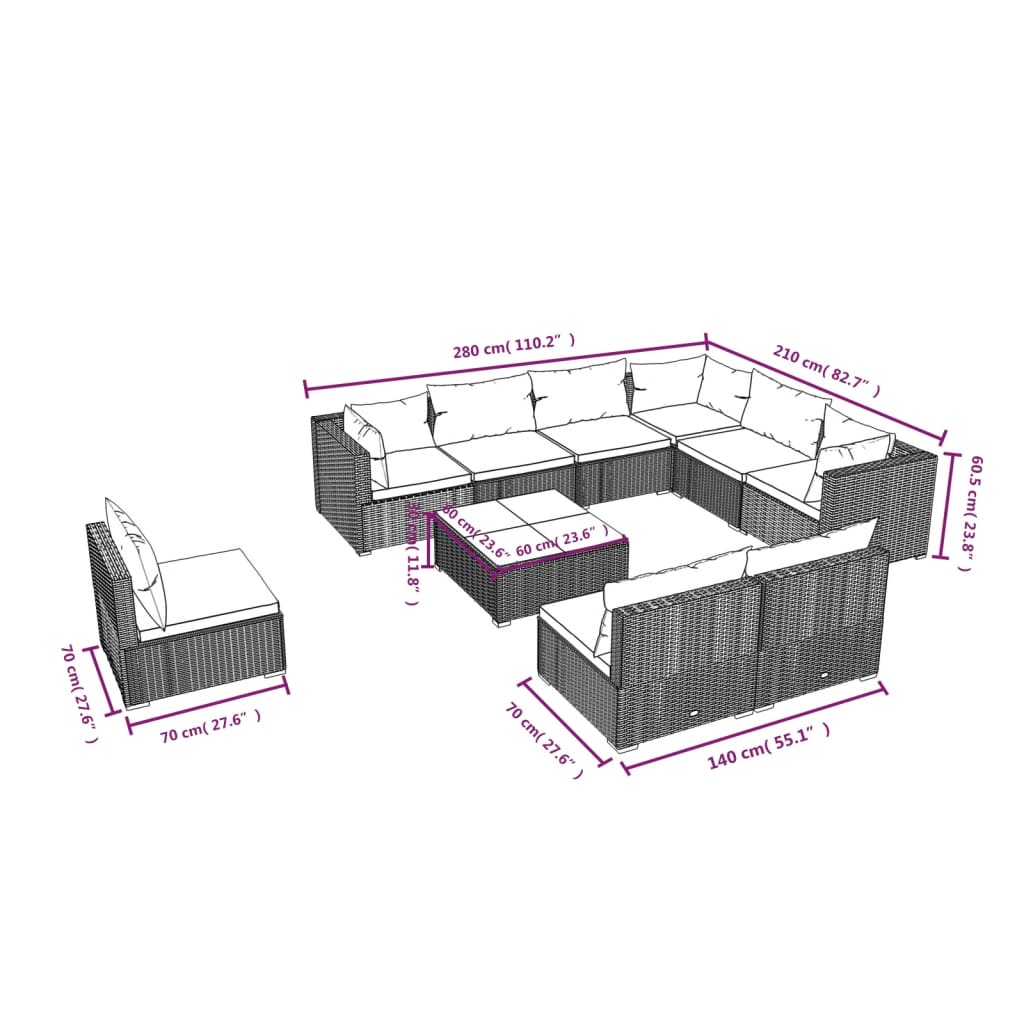 10-delige Loungeset met kussens poly rattan grijs is nu te koop bij PeponiXL, paradijselijk wonen!