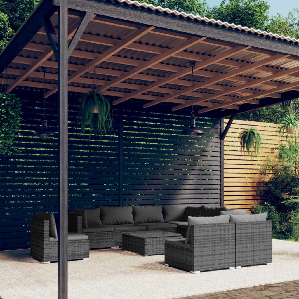 10-delige Loungeset met kussens poly rattan grijs is nu te koop bij PeponiXL, paradijselijk wonen!