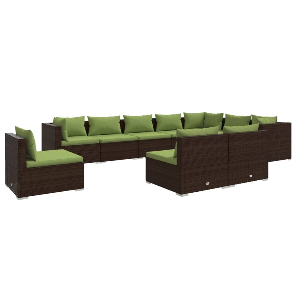 10-delige Loungeset met kussens poly rattan bruin