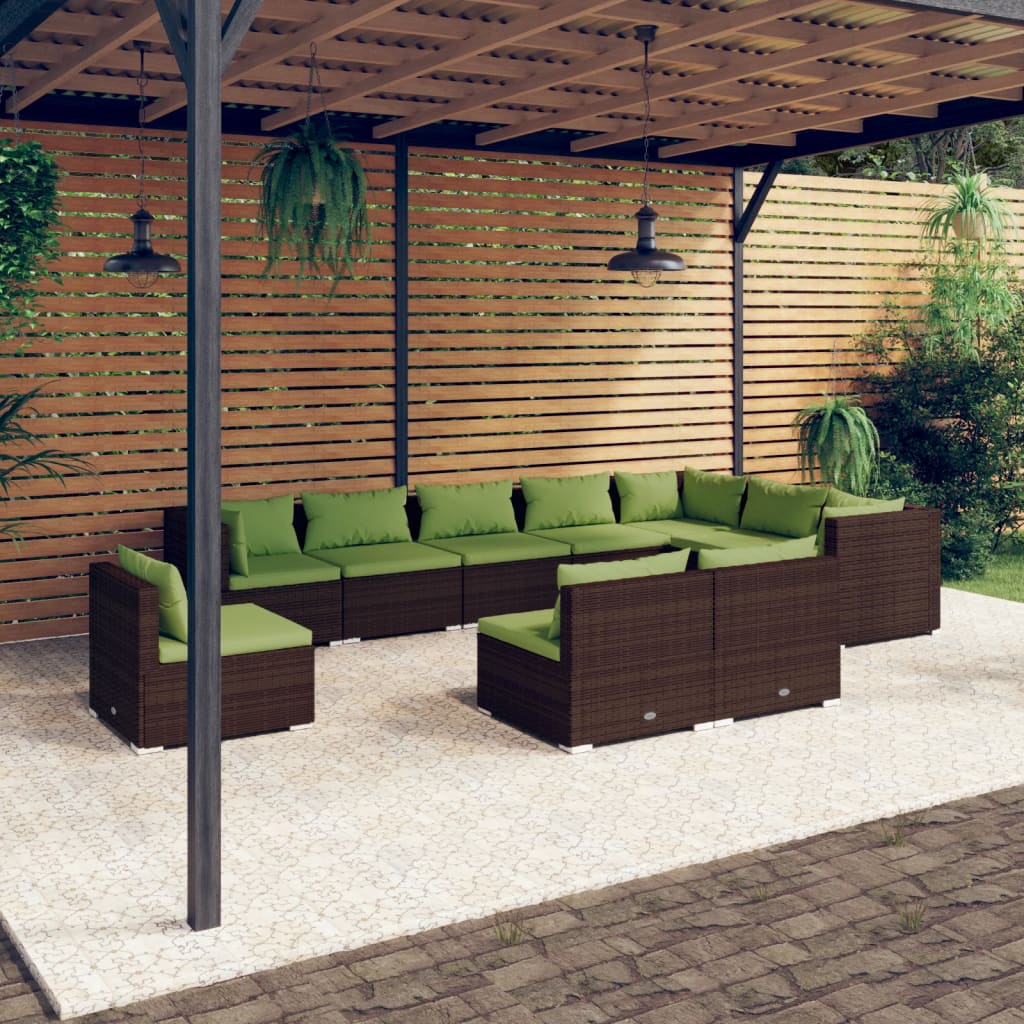 10-delige Loungeset met kussens poly rattan bruin
