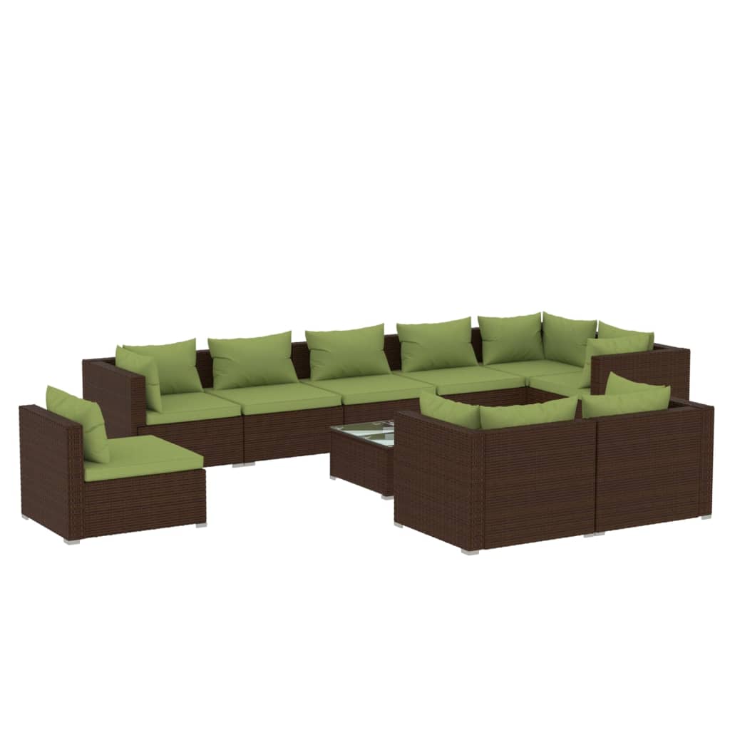 10-delige Loungeset met kussens poly rattan bruin