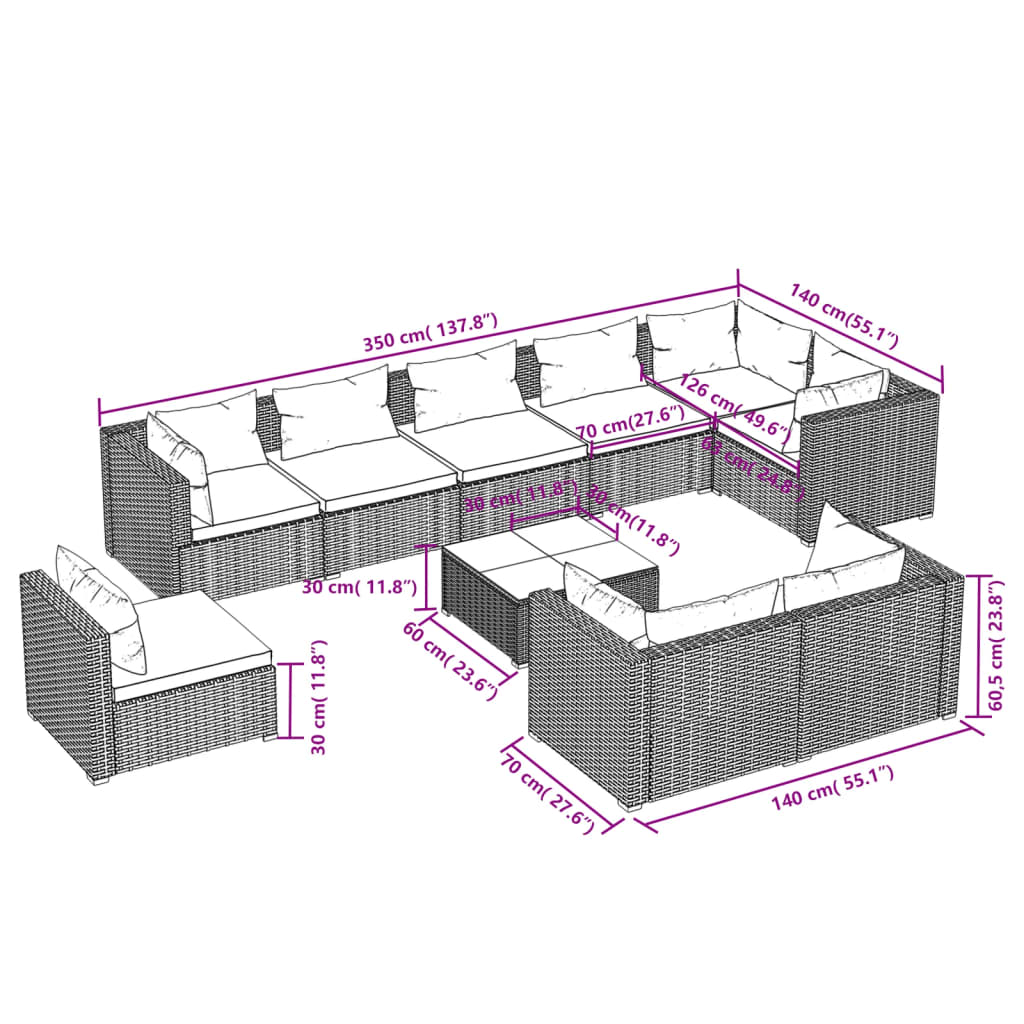 10-delige Loungeset met kussens poly rattan bruin