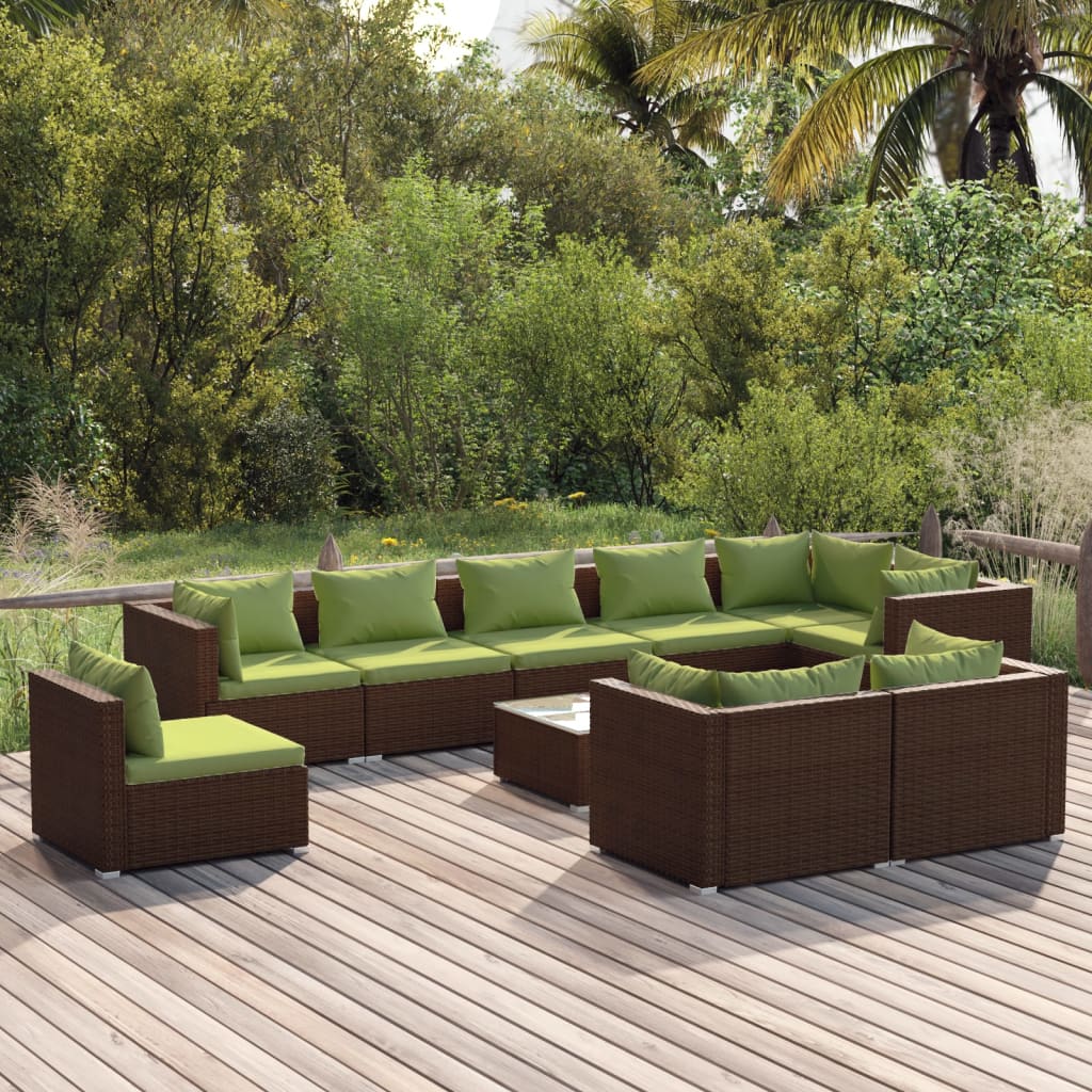 10-delige Loungeset met kussens poly rattan bruin
