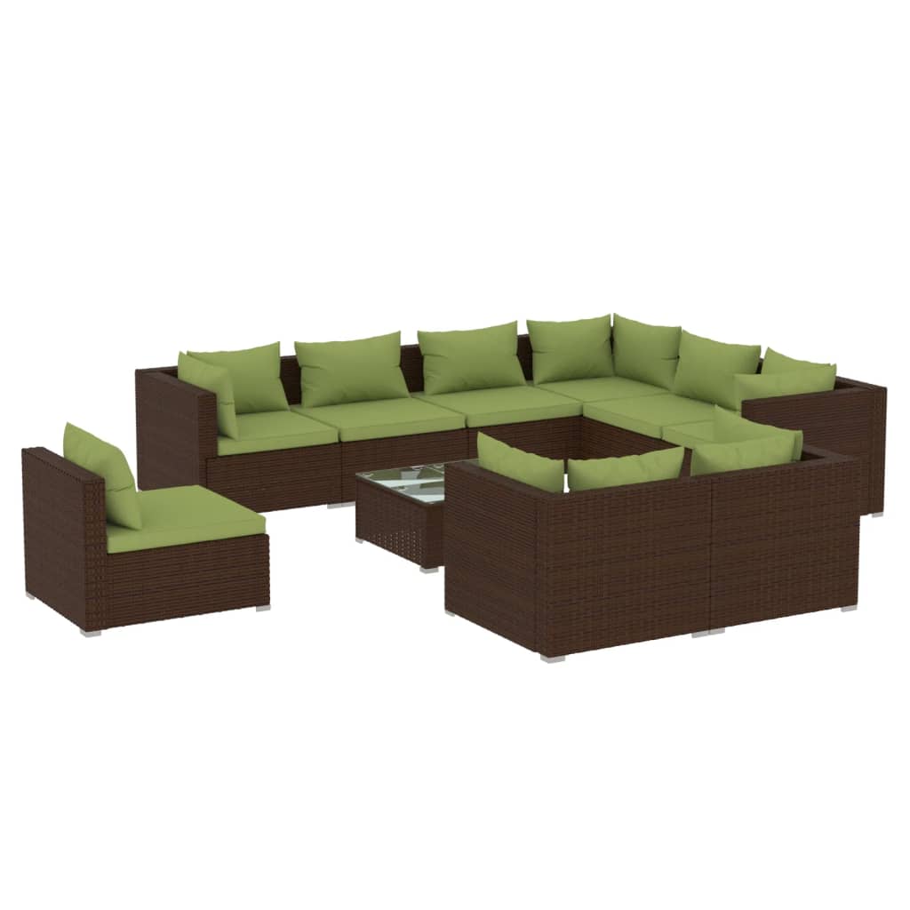10-delige Loungeset met kussens poly rattan bruin