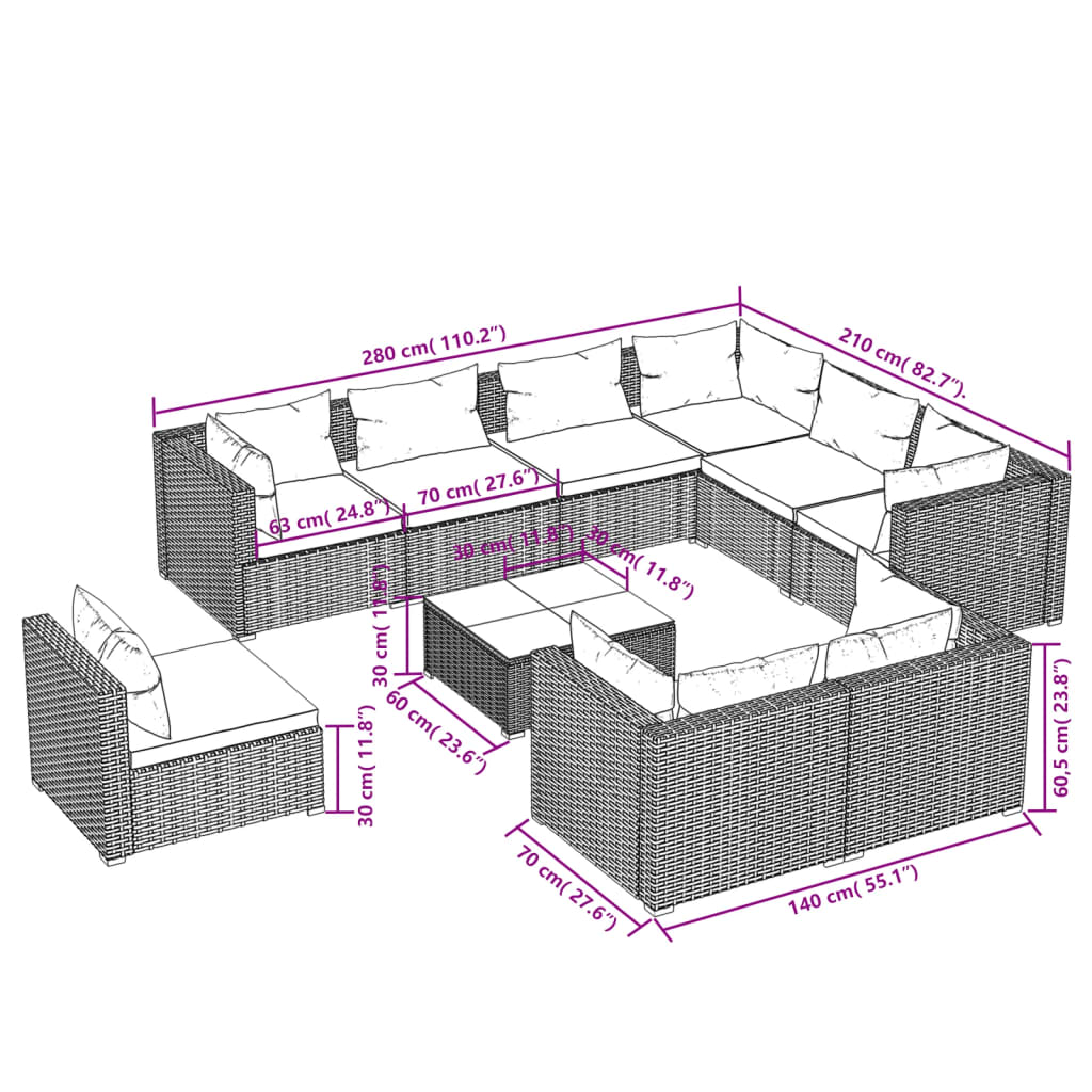 10-delige Loungeset met kussens poly rattan bruin