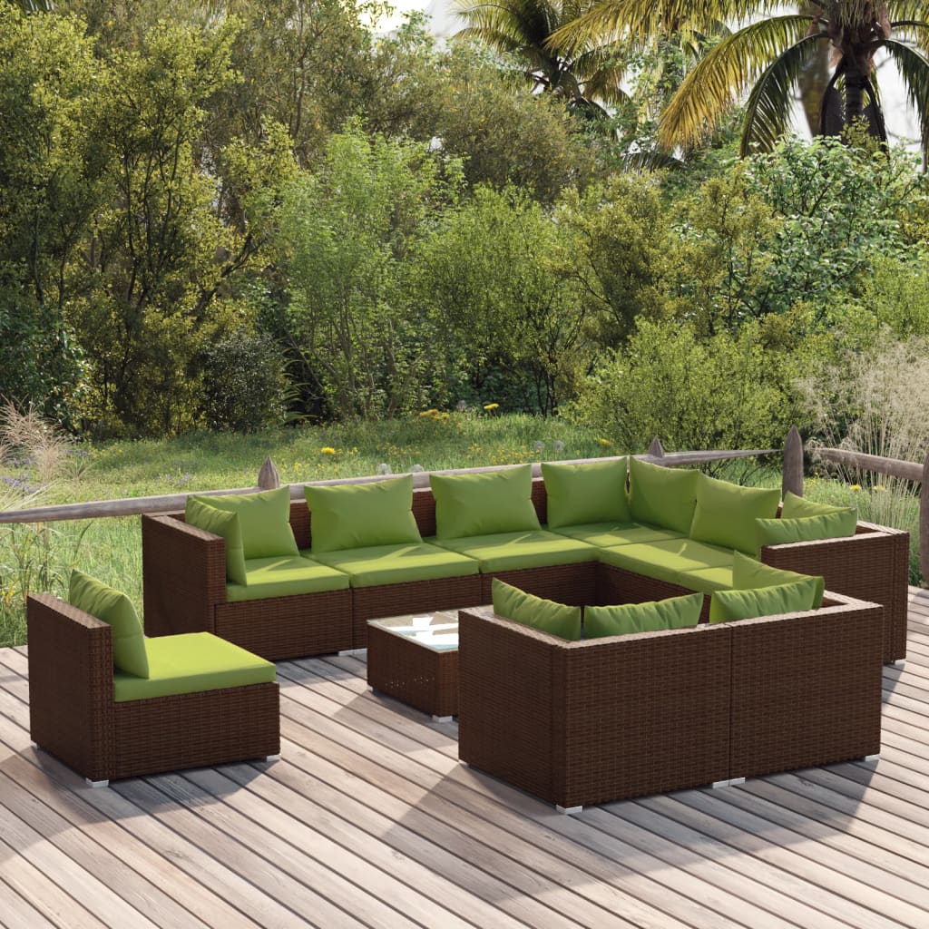 10-delige Loungeset met kussens poly rattan bruin