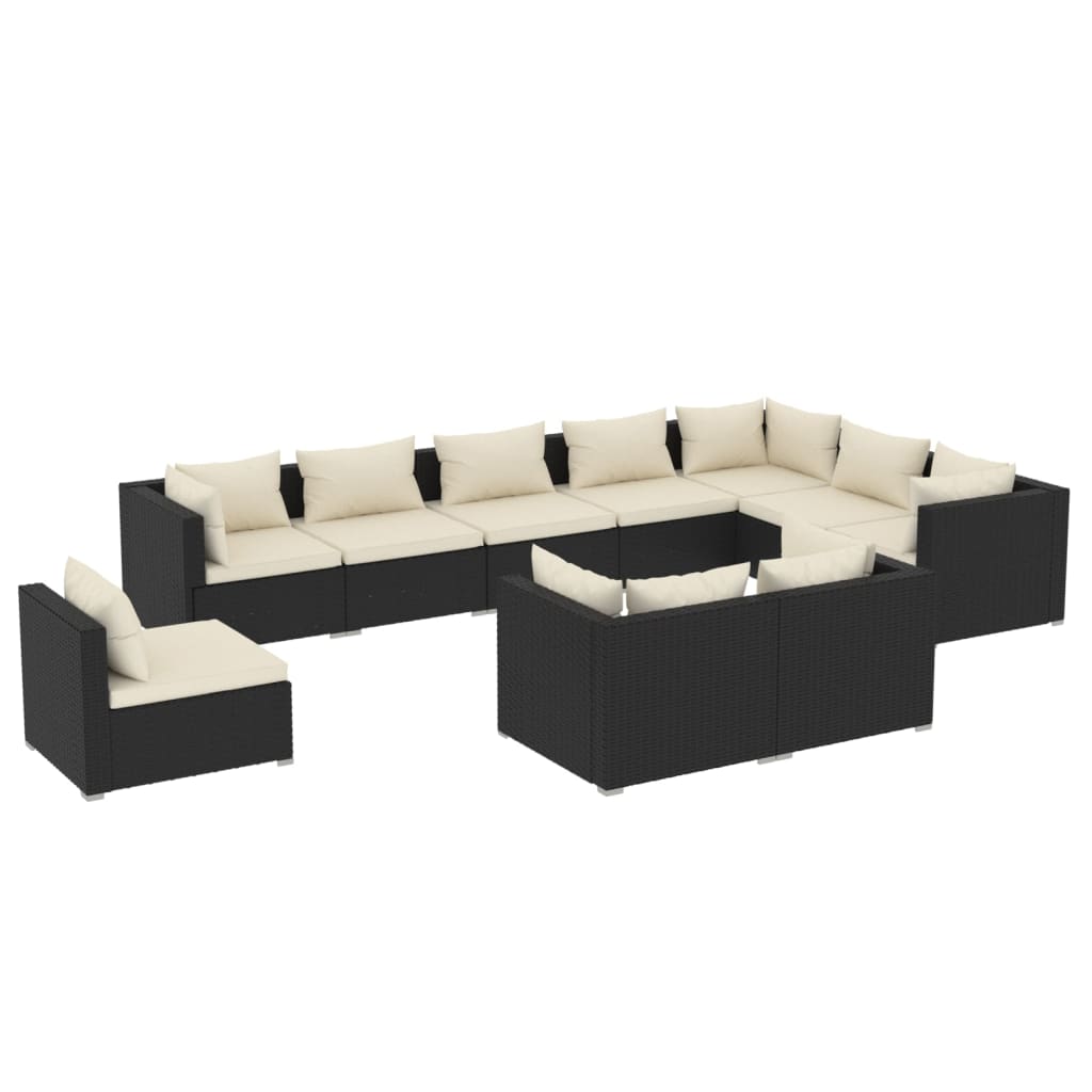 10-delige Loungeset met kussens poly rattan zwart