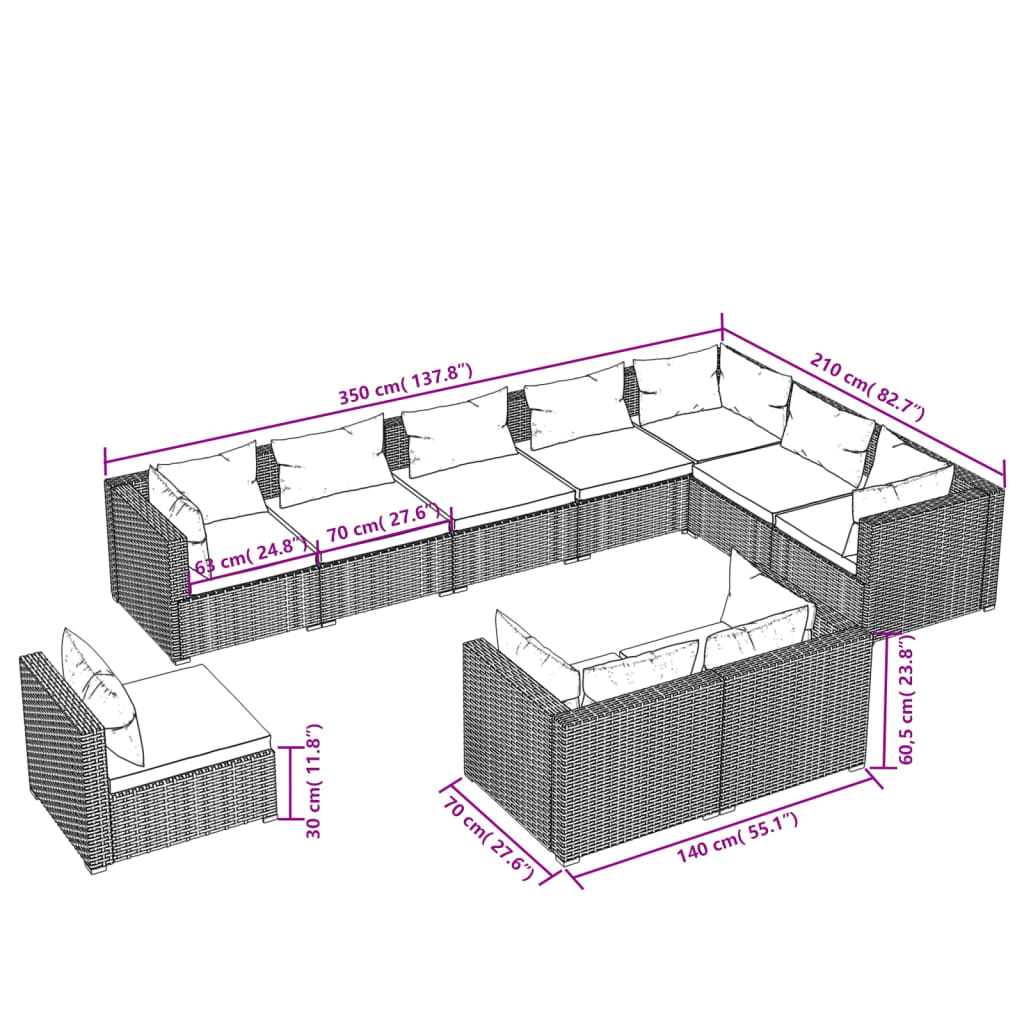 10-delige Loungeset met kussens poly rattan zwart