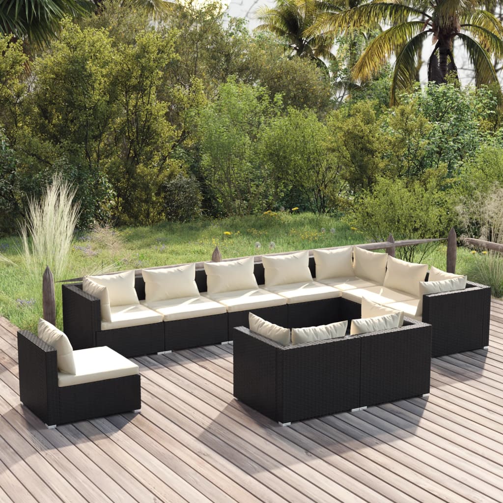10-delige Loungeset met kussens poly rattan zwart