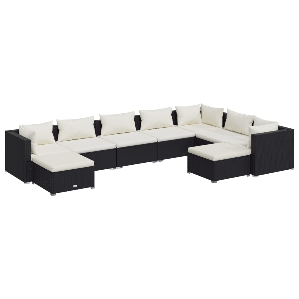 9-delige Loungeset met kussens poly rattan zwart