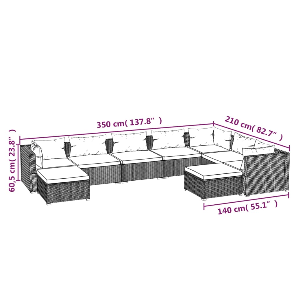 9-delige Loungeset met kussens poly rattan zwart