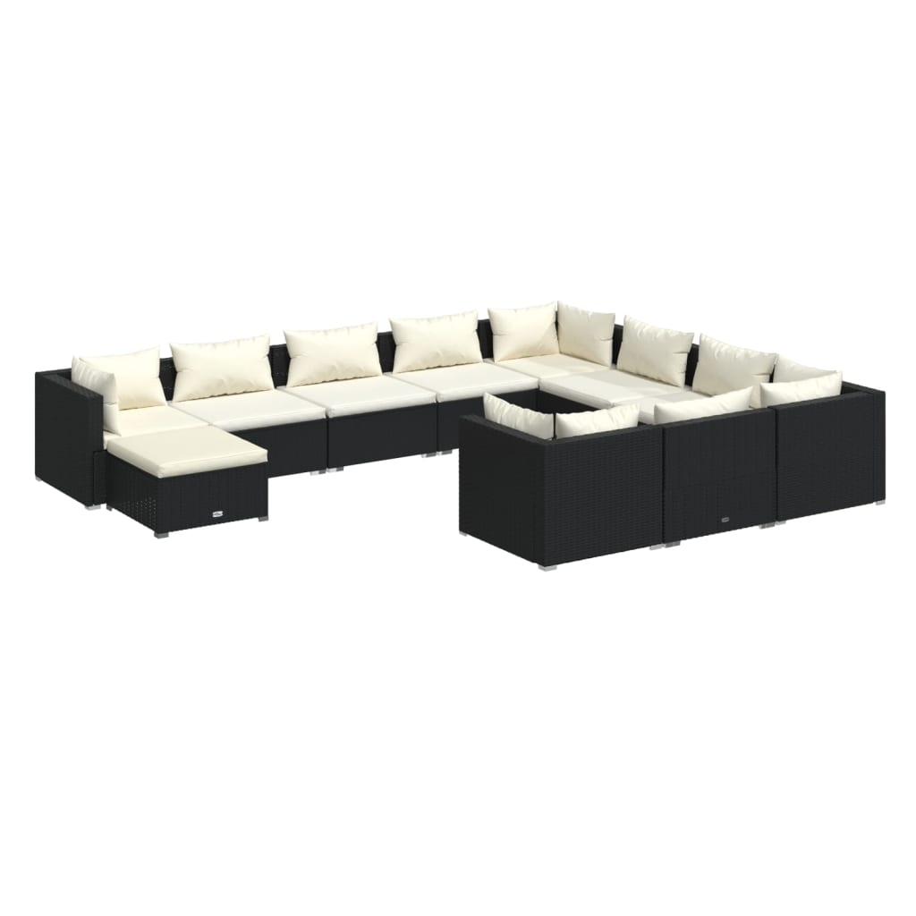 11-delige Loungeset met kussens poly rattan zwart