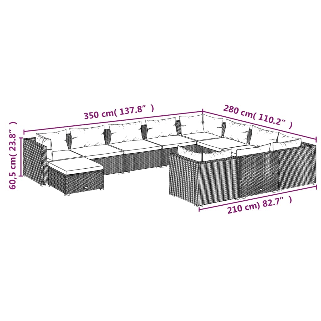 11-delige Loungeset met kussens poly rattan zwart