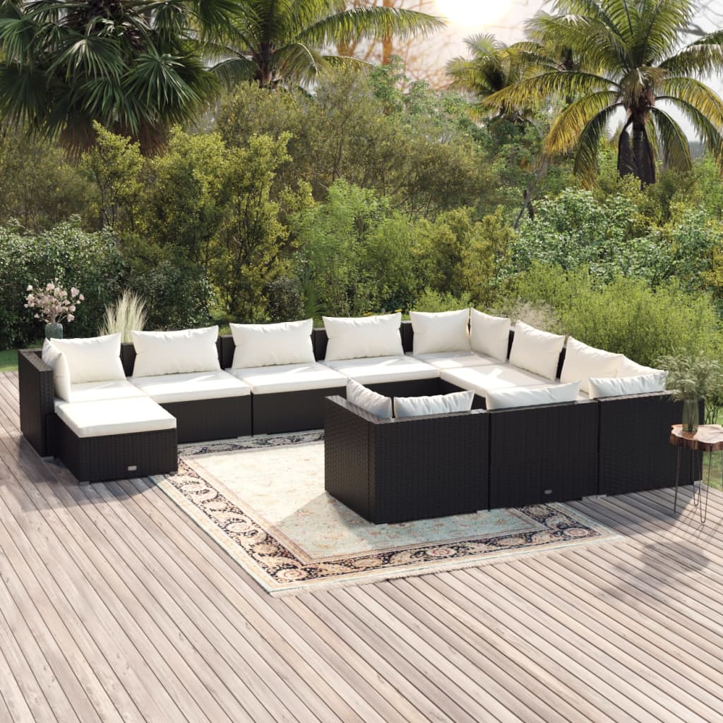 11-delige Loungeset met kussens poly rattan zwart