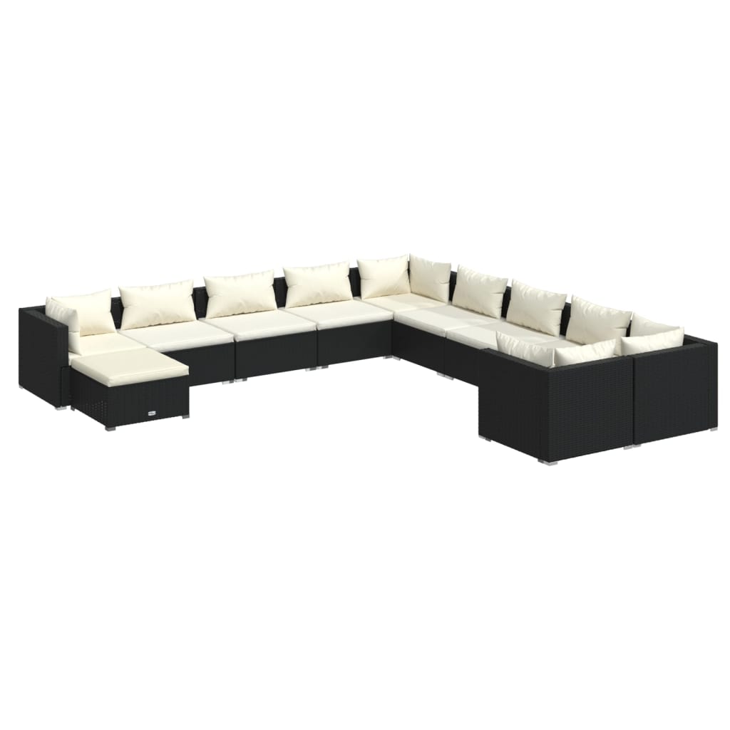 11-delige Loungeset met kussens poly rattan zwart