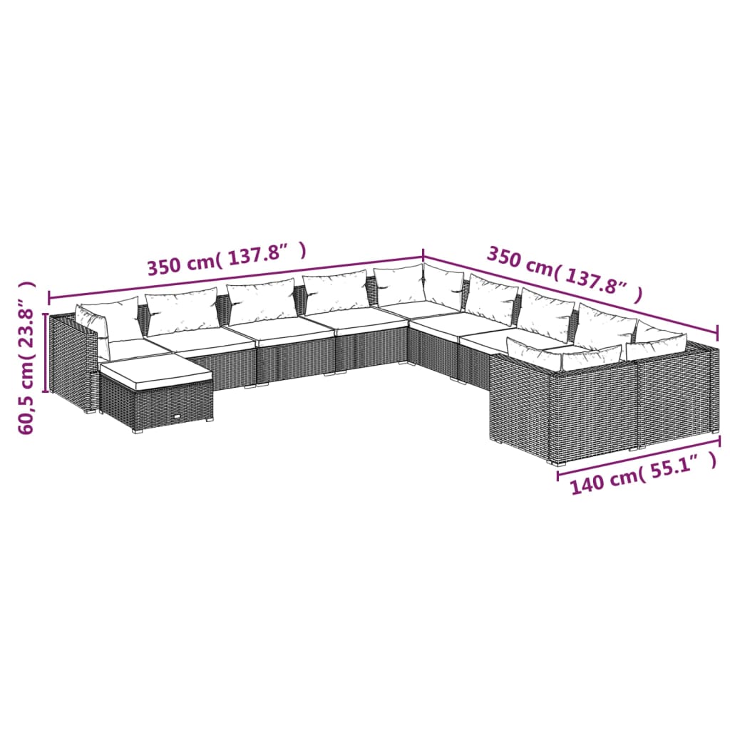11-delige Loungeset met kussens poly rattan zwart
