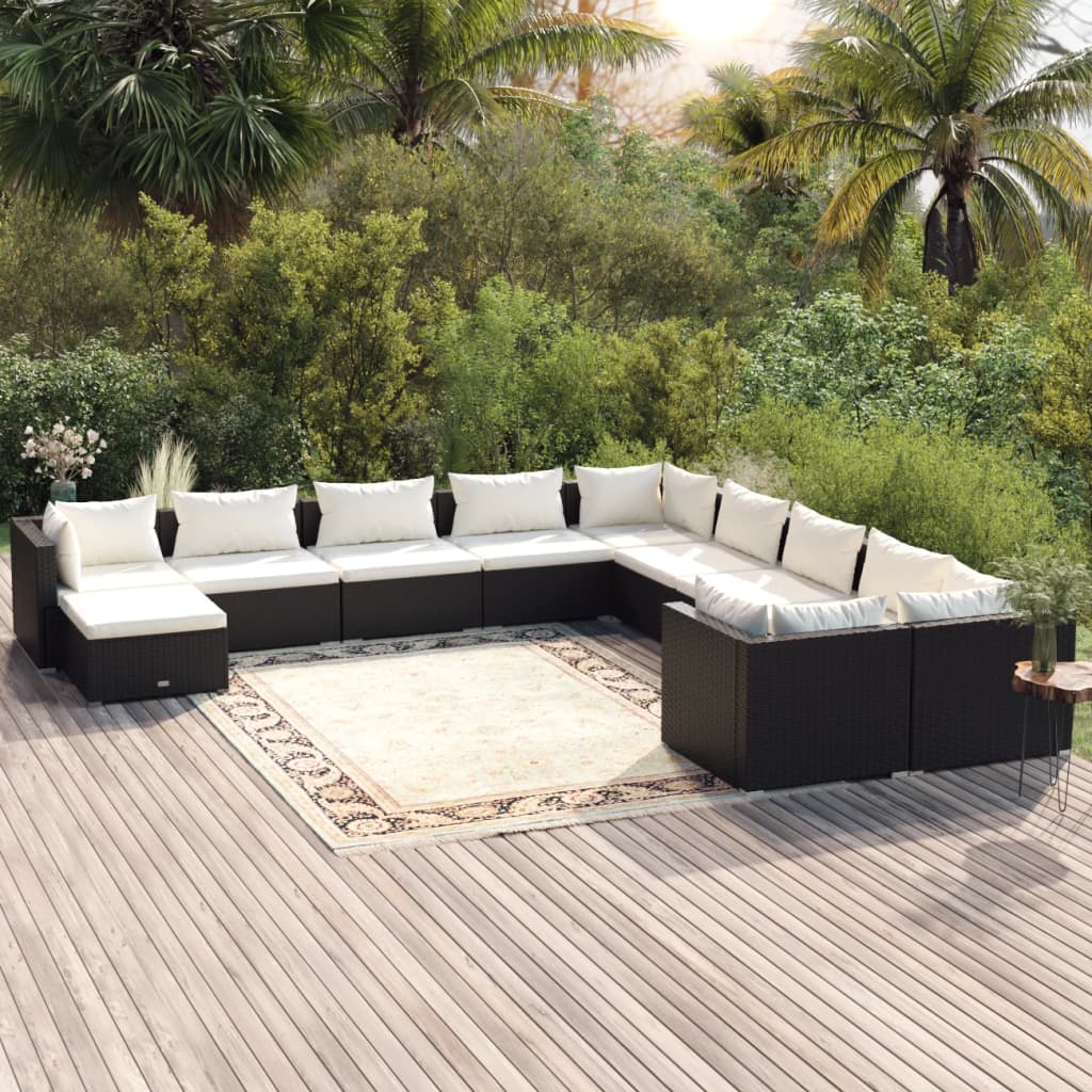 11-delige Loungeset met kussens poly rattan zwart