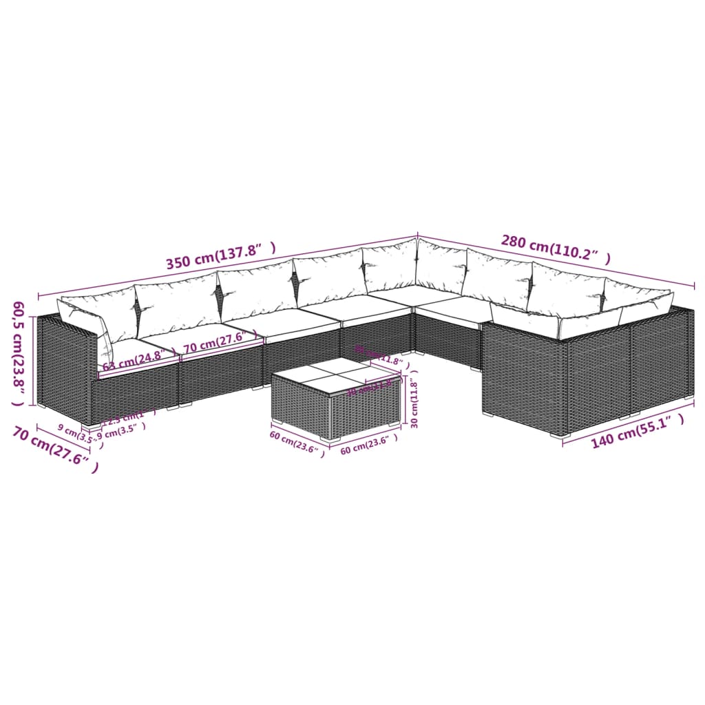 10-delige Loungeset met kussens poly rattan zwart is nu te koop bij PeponiXL, paradijselijk wonen!