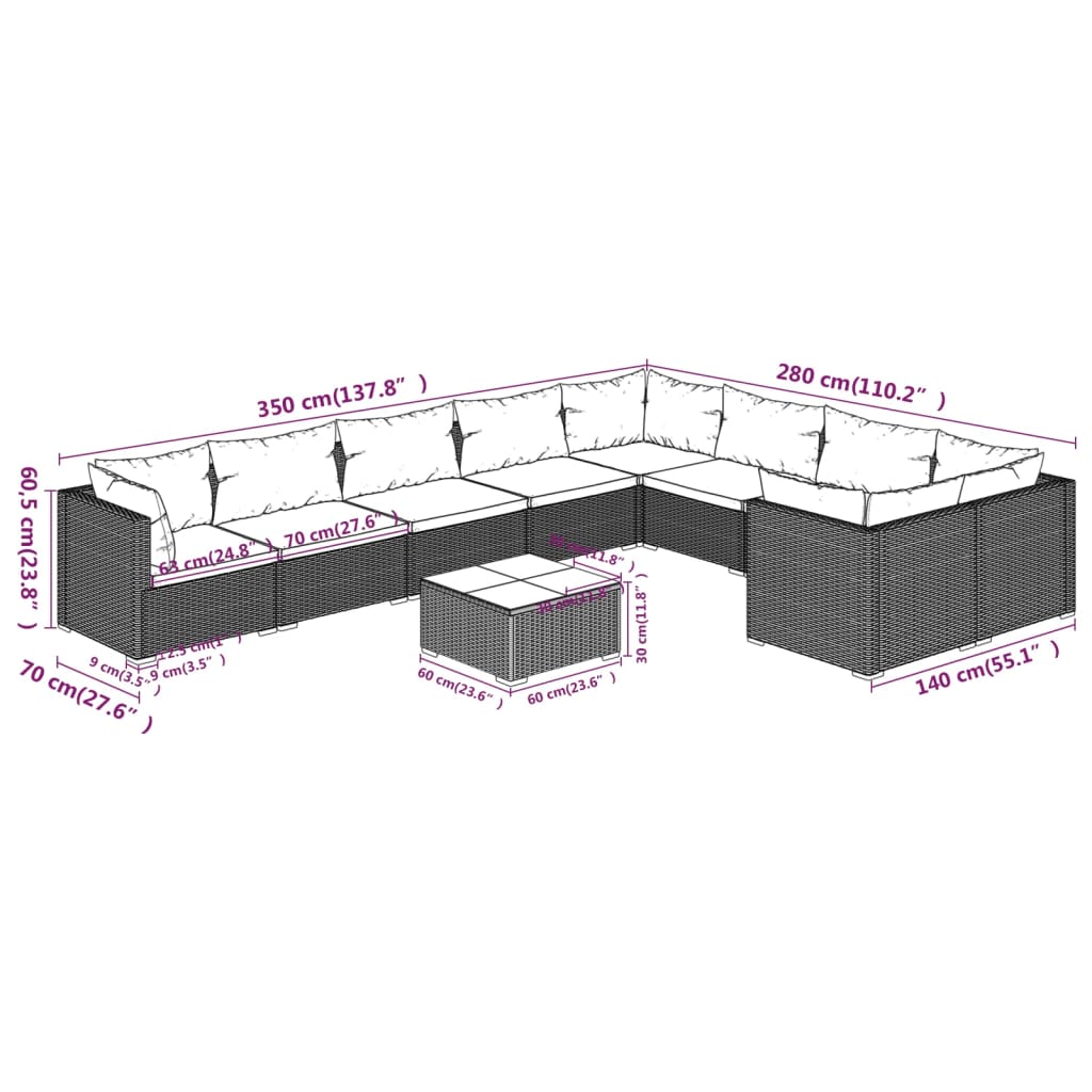 10-delige Loungeset met kussens poly rattan grijs is nu te koop bij PeponiXL, paradijselijk wonen!