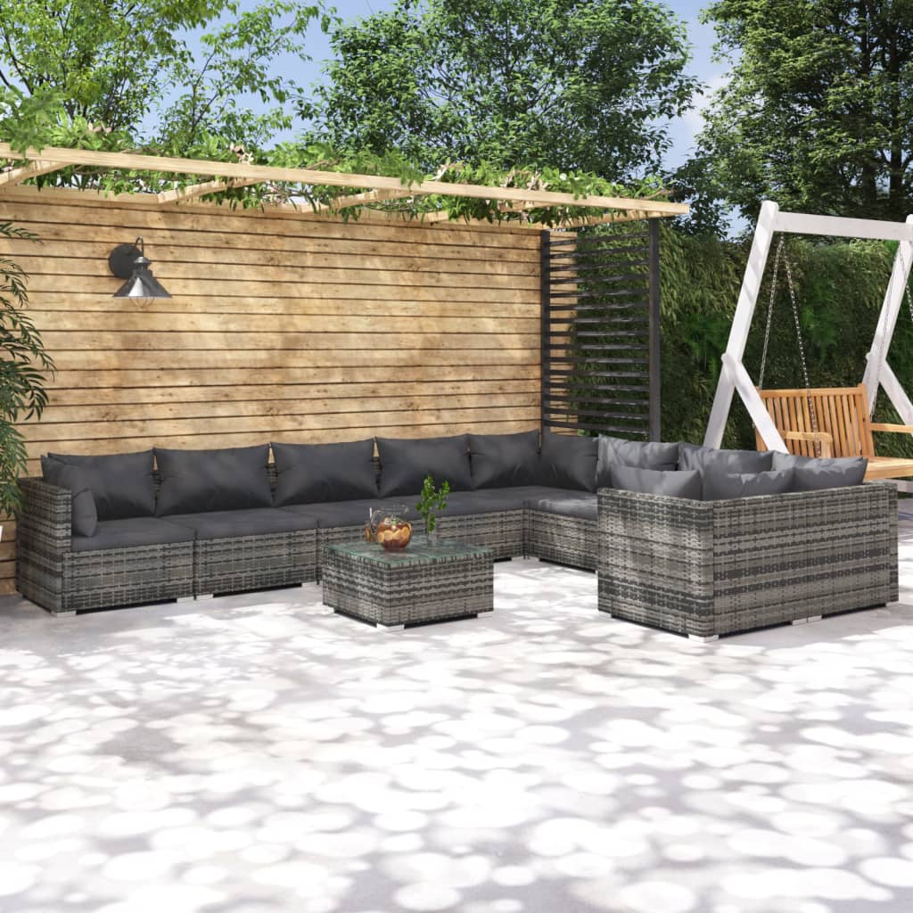 10-delige Loungeset met kussens poly rattan grijs is nu te koop bij PeponiXL, paradijselijk wonen!