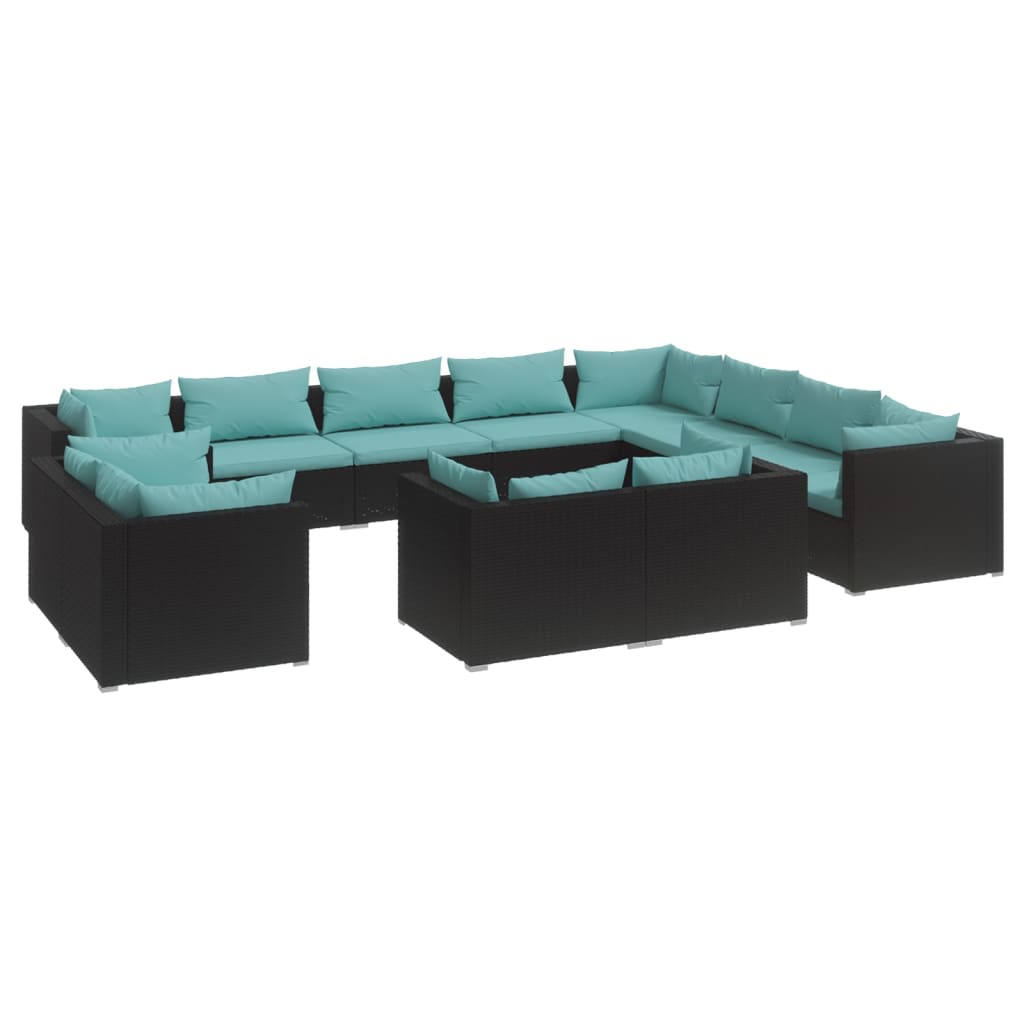 12-delige Loungeset met kussens poly rattan zwart
