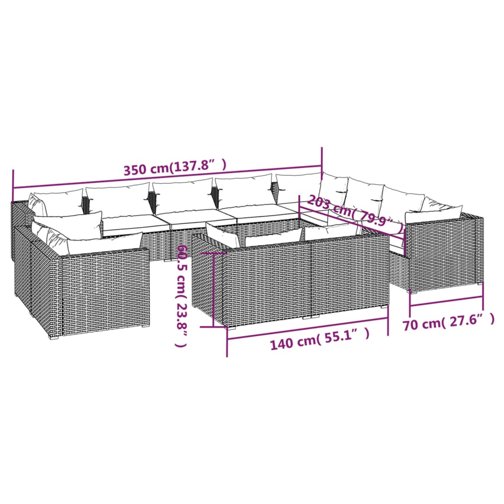 12-delige Loungeset met kussens poly rattan zwart