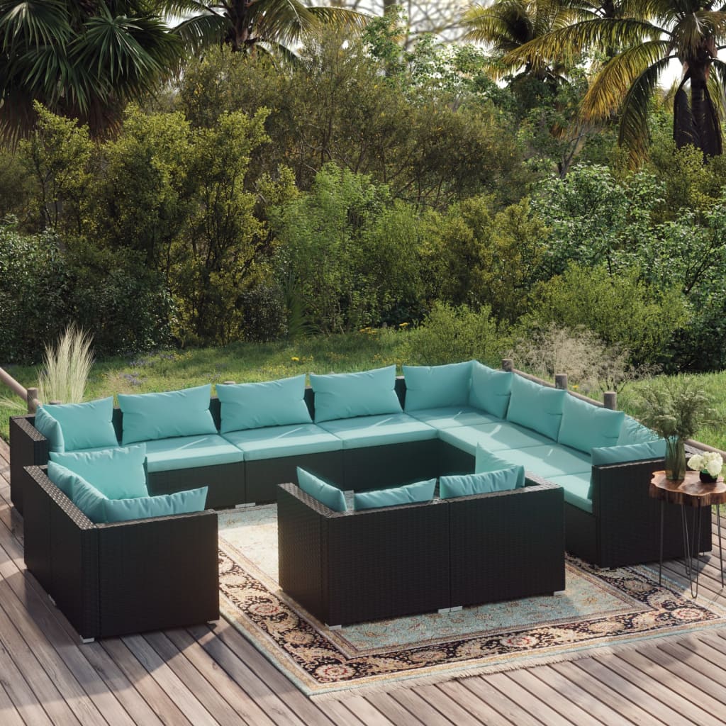 12-delige Loungeset met kussens poly rattan zwart