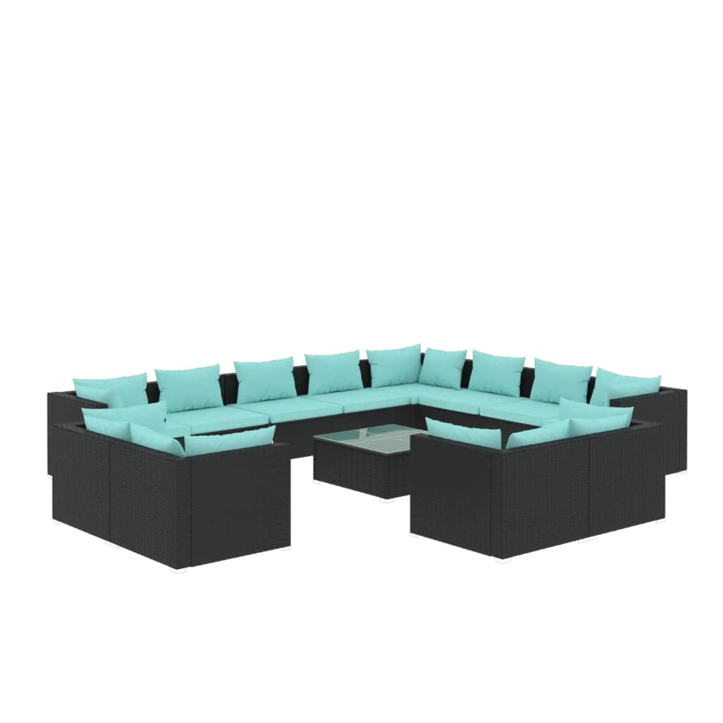 13-delige Loungeset met kussens poly rattan zwart