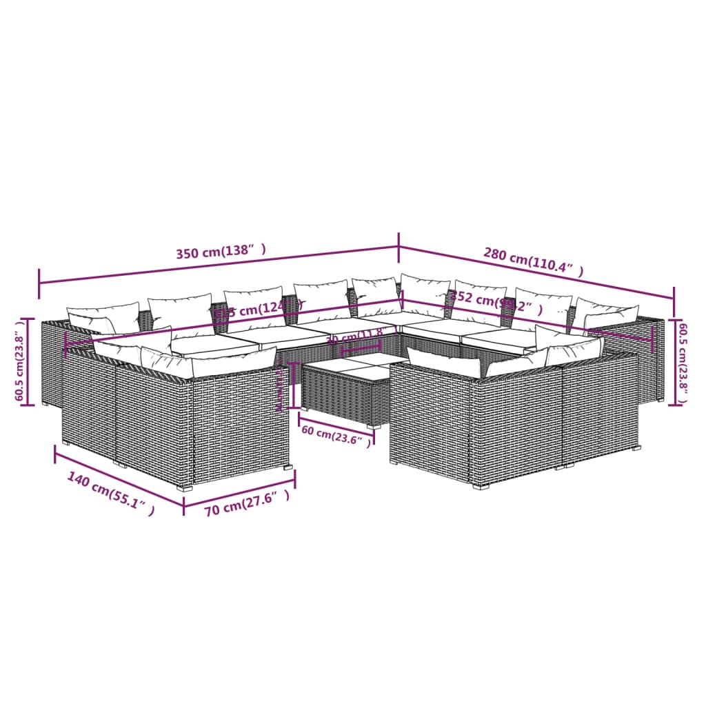 13-delige Loungeset met kussens poly rattan zwart