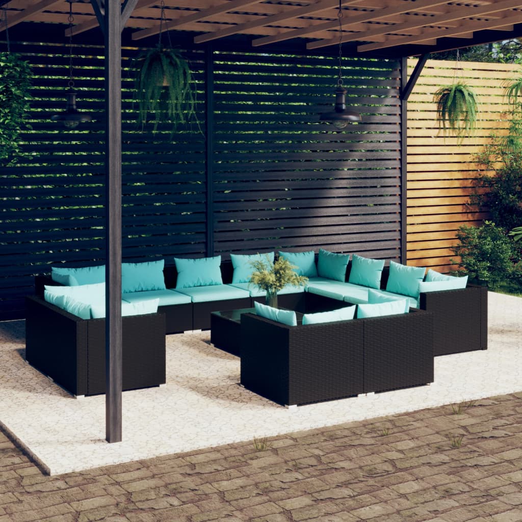 13-delige Loungeset met kussens poly rattan zwart