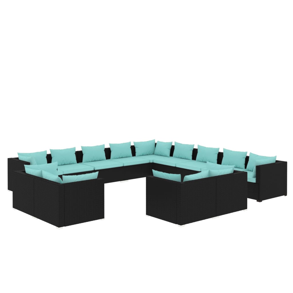 13-delige Loungeset met kussens poly rattan zwart