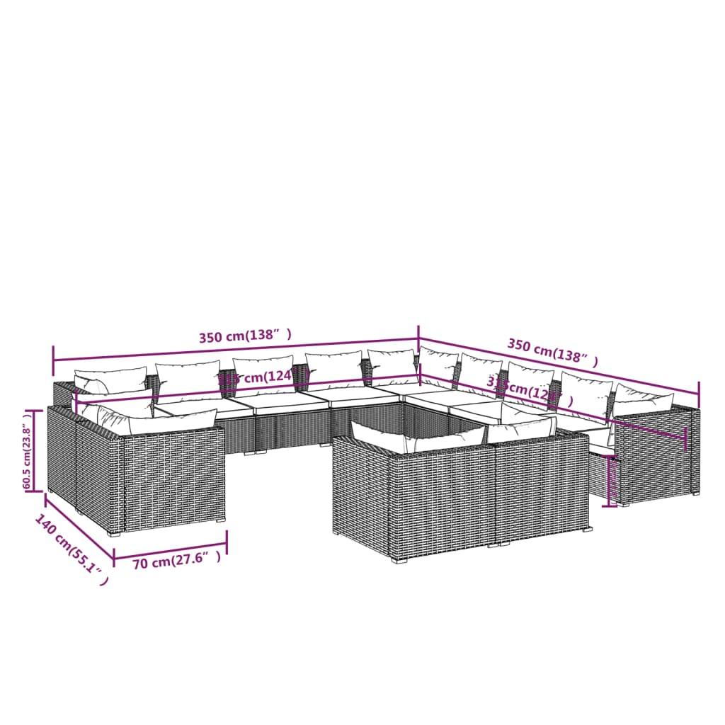 13-delige Loungeset met kussens poly rattan zwart