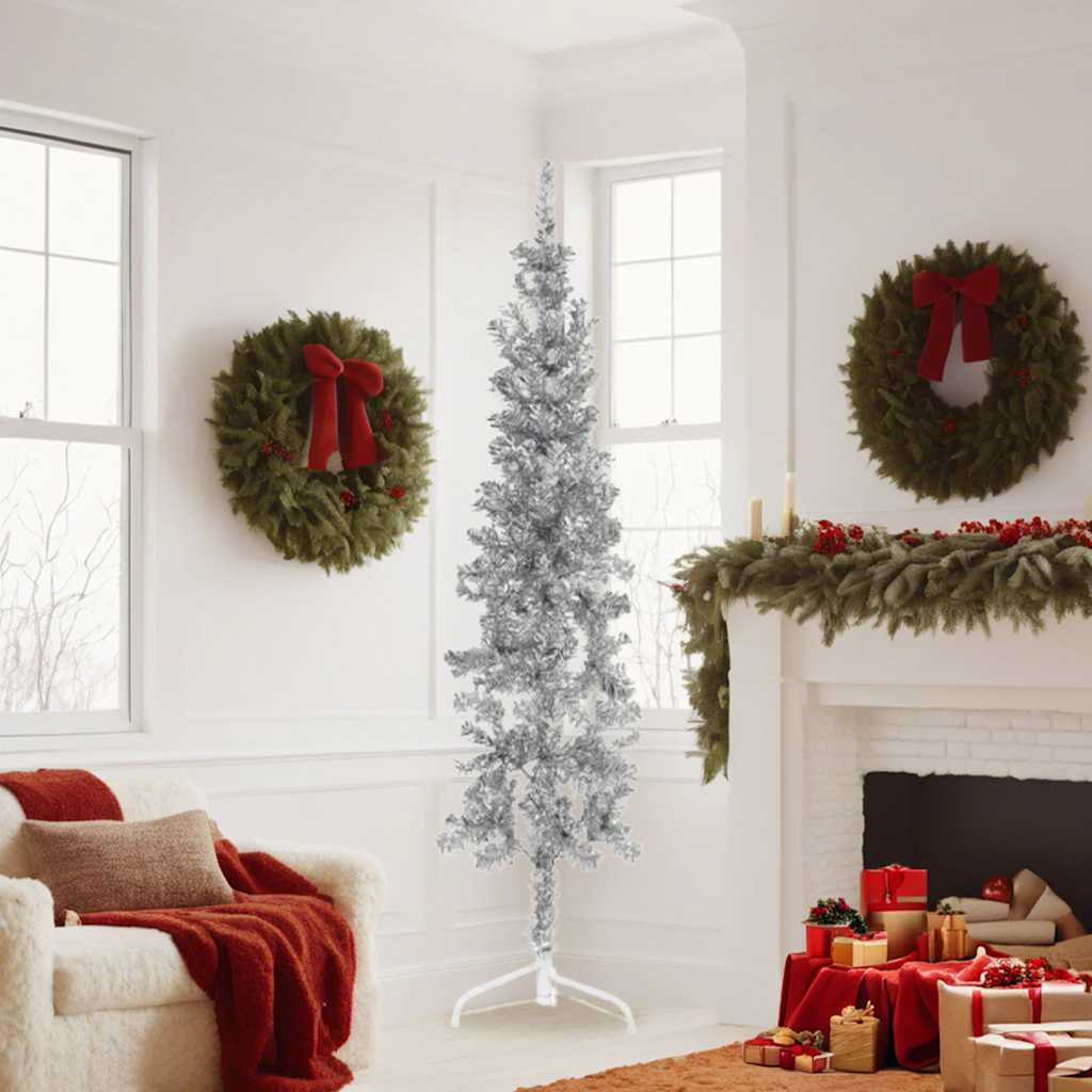 Kunstkerstboom half met standaard smal 180 cm zilverkleurig is nu te koop bij PeponiXL, paradijselijk wonen!