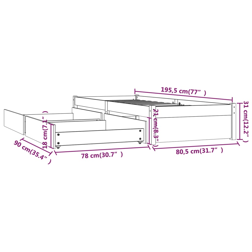 Bedframe met lades wit 75x190 cm is nu te koop bij PeponiXL, paradijselijk wonen!