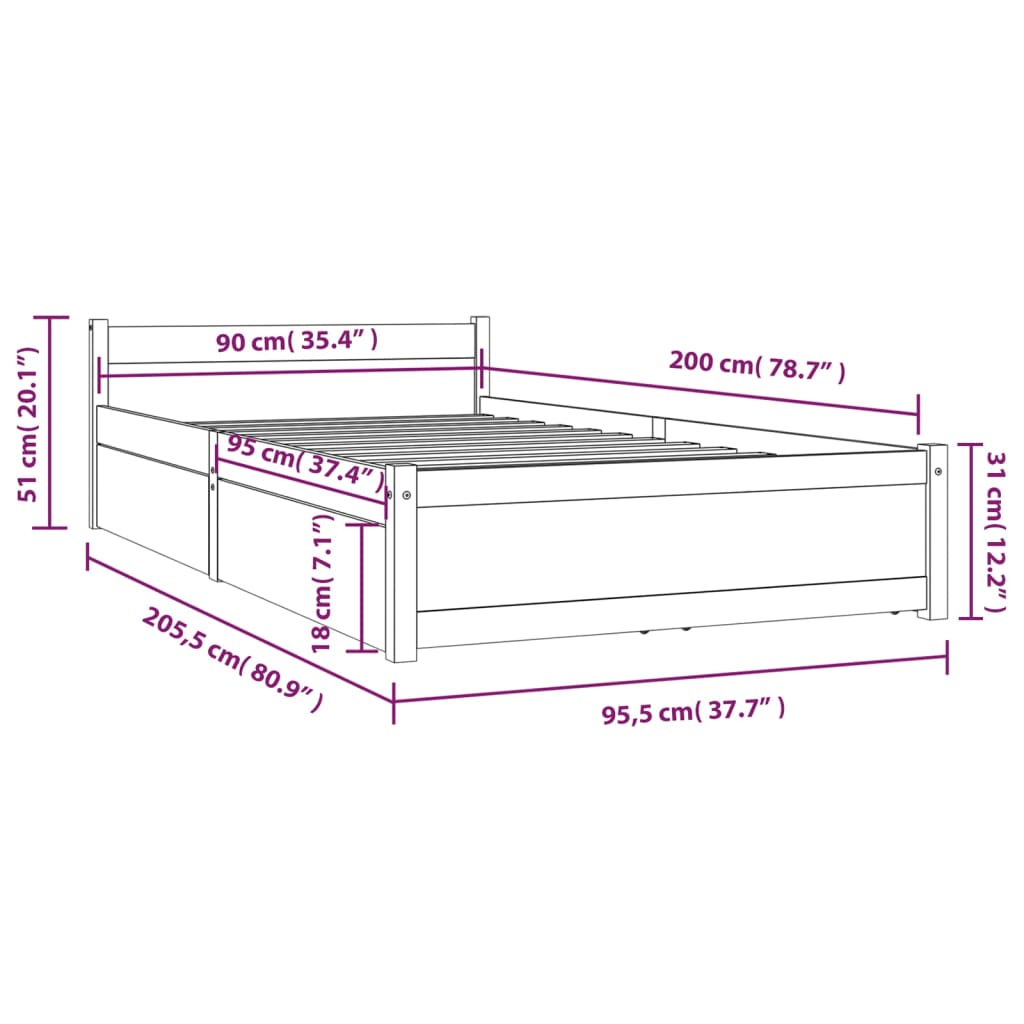 Bedframe met lades 90x200 cm is nu te koop bij PeponiXL, paradijselijk wonen!