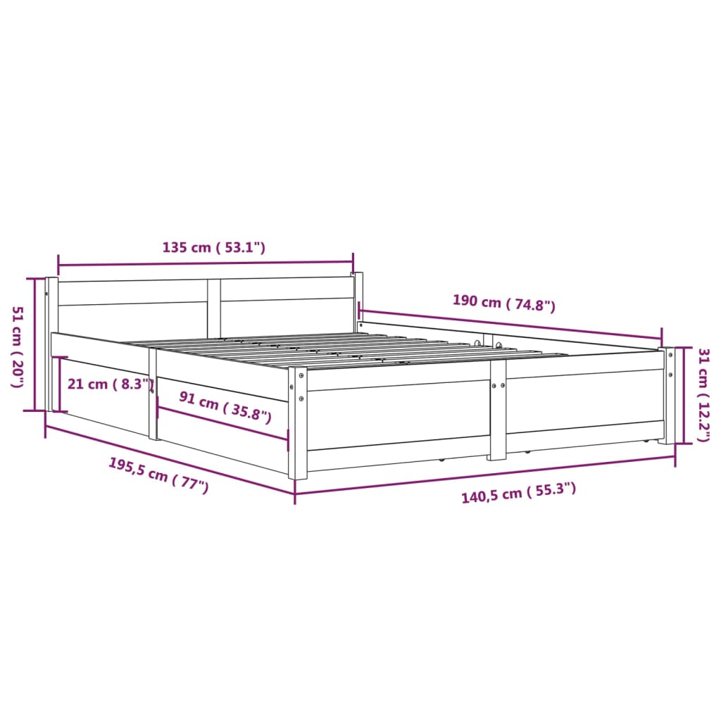 Bedframe met lades wit 135x190 cm is nu te koop bij PeponiXL, paradijselijk wonen!