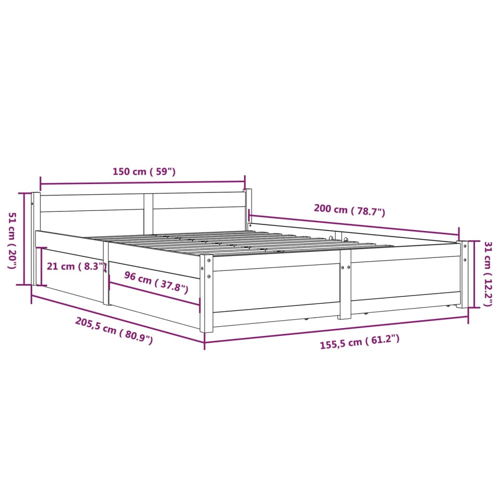 Bedframe met lades zwart 150x200 cm