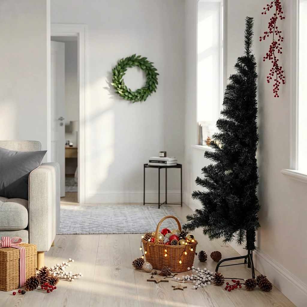 Kunstkerstboom met standaard half 150 cm PVC zwart is nu te koop bij PeponiXL, paradijselijk wonen!
