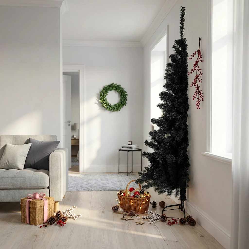 Kunstkerstboom met standaard half 210 cm PVC zwart