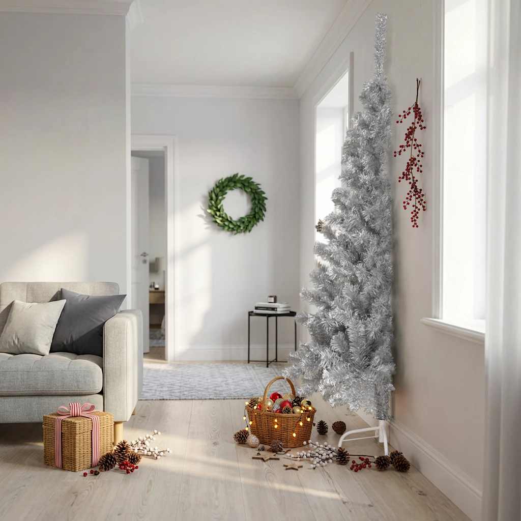 Kunstkerstboom half met standaard 210 cm PET zilverkleurig is nu te koop bij PeponiXL, paradijselijk wonen!