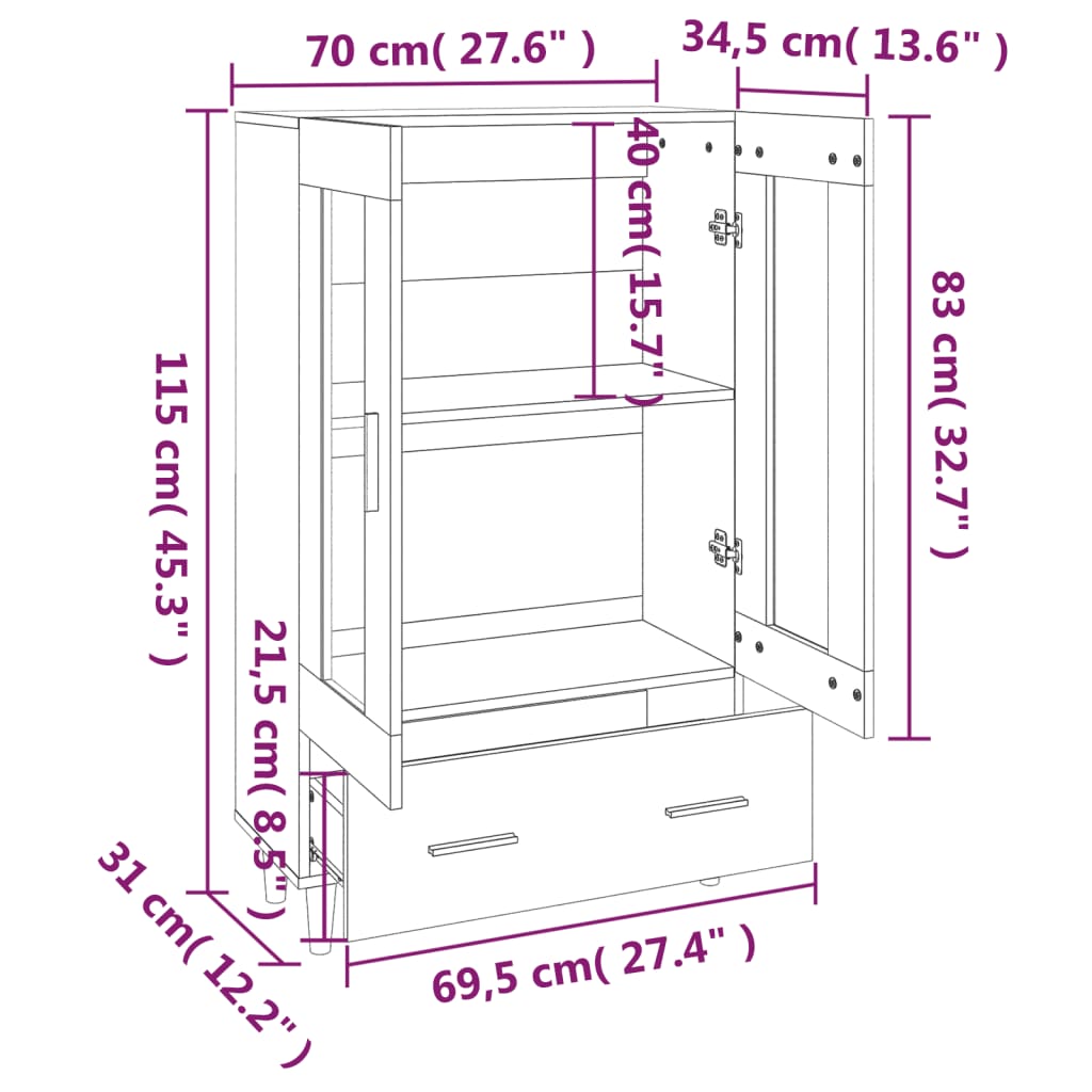Hoge kast 70x31x115 cm bewerkt hout sonoma eikenkleurig is nu te koop bij PeponiXL, paradijselijk wonen!